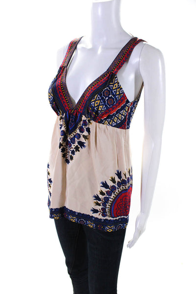 Tibi Womens Paisley Sleeveless V Neck Pleated Tank Blouse Beige Blue Red Size 2