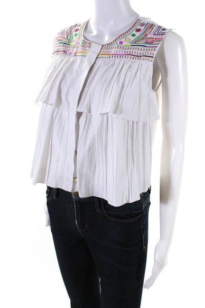 Saloni Womens Embroidered Tiered Button Down Sleeveless Tank Top White Size 4