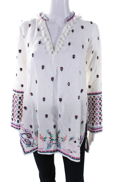 Calypso Saint Barth Womens Embroidered V Neck Tunic White Pink Black Size XS