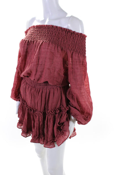 Misa Womens Smocked Off The Shoulder Ruffled Hem Mini Blouson Dress Red Size L