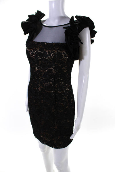 Jovani Womens Floral Mesh Ruffled Sleeve Open Back Sheath Dress Black Size 2