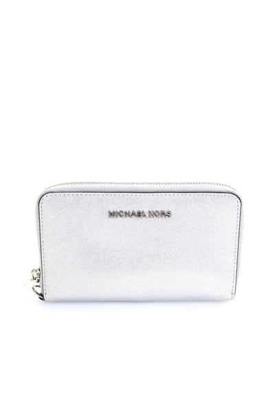 Michael Kors Womens Zip Around Metallic Saffiano Leather Logo Wallet Silver Tone