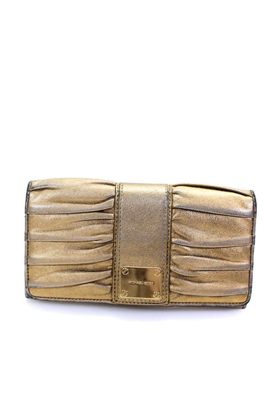 Michael Kors Womens Metallic Logo Ruched Bi Fold Wallet Brown Leather