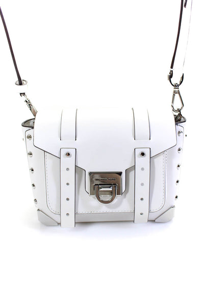 Michael Kors Womens Single Strap Logo Flap Studded Small Shoulder Handbag White