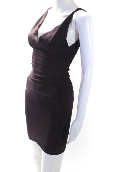 Herve Leger Womens V Neck Knit Sleeveless Mini Bandage Bodycon Dress Purple XS