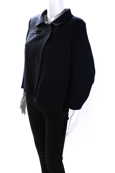 Oscar de la Renta Womens Wool Collared Long Sleeve Button Up Jacket Navy Size 6