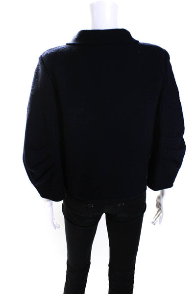 Oscar de la Renta Womens Wool Collared Long Sleeve Button Up Jacket Navy Size 6