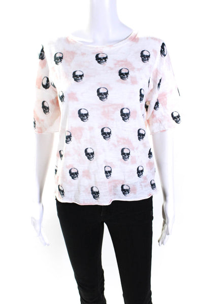 Skull Cashmere Womens Cotton Skull Print Short Sleeve Knit Top Pink Size S