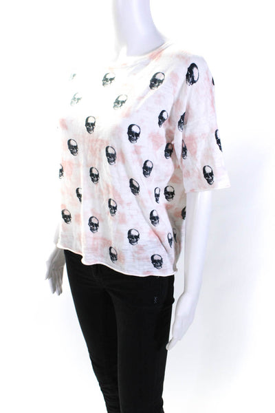 Skull Cashmere Womens Cotton Skull Print Short Sleeve Knit Top Pink Size S