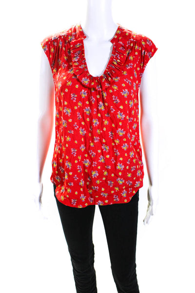 Rebecca Taylor Womens Floral Print Ruffle Trim Sleeveless Blouse Top Red Size 4