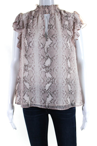 1 State Womens Snake Print Chiffon Flutter Sleeve Mock Neck Blouse Pink Large