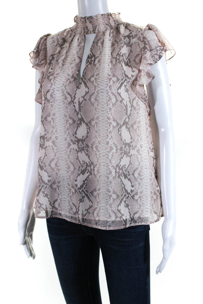 1 State Womens Snake Print Chiffon Flutter Sleeve Mock Neck Blouse Pink Large