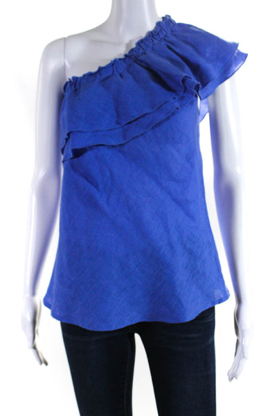 YFB Womens Elastic Ruffle One Shoulder Sleeveless Top Blouse Blue Linen Size XS