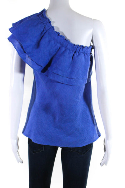 YFB Womens Elastic Ruffle One Shoulder Sleeveless Top Blouse Blue Linen Size XS