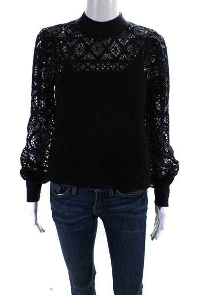 1 State Womens Long Sleeve Sheer Lace High Neck Top Blouse Navy Blue Size XS