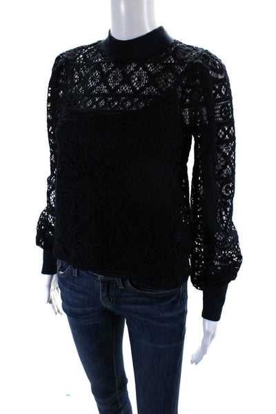 1 State Womens Long Sleeve Sheer Lace High Neck Top Blouse Navy Blue Size XS