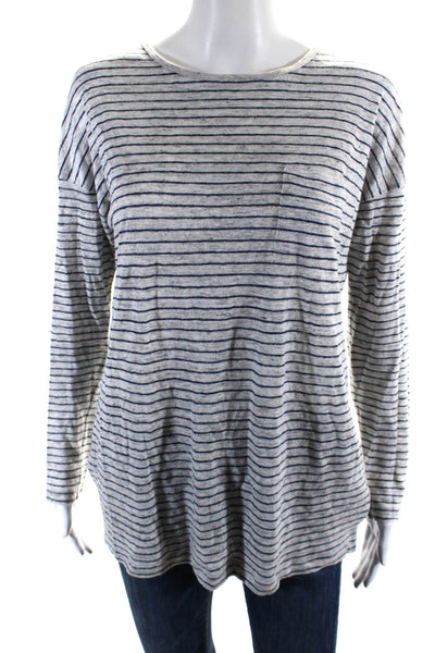 Vince Womens Long Sleeve Knit Striped Top Tee Shirt Gray Navy Linen Size Small