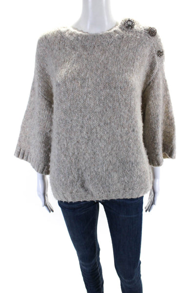 Ba&Sh Womens Wool Blend Crystal Button Round Neck Sweater Top Beige Size S