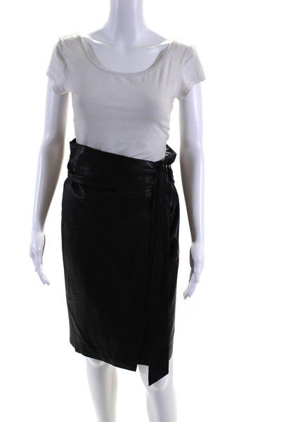 Donna Karan Womens Leather Knee Length Wrap Skirt Black Size 12
