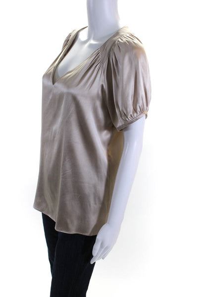 Etro Womens Short Sleeve V Neck Satin Top Blouse Beige Silk Size IT 48