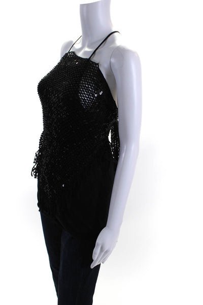 Alice + Olivia Womens Beaded Sequin Net Wrap Knit Tank Top Black Size XS