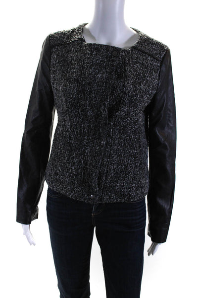 Cynthia Rowley Womens Faux Leather Sleeve Tweed Zip Jacket Black Gray Size Small