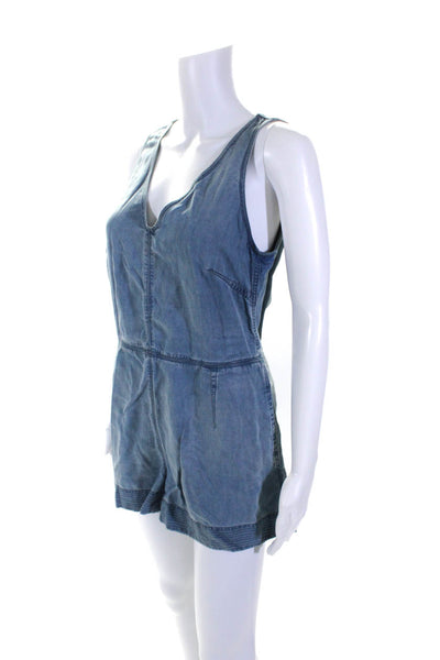 Rag & Bone Jean Womens Back Zip Sleeveless V Neck Chambray Romper Blue Small