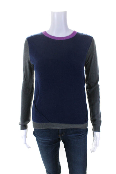 Shae Womens Cut Out Tri Color Cashmere Crew Neck Sweater Blue Gray Pink Size XS