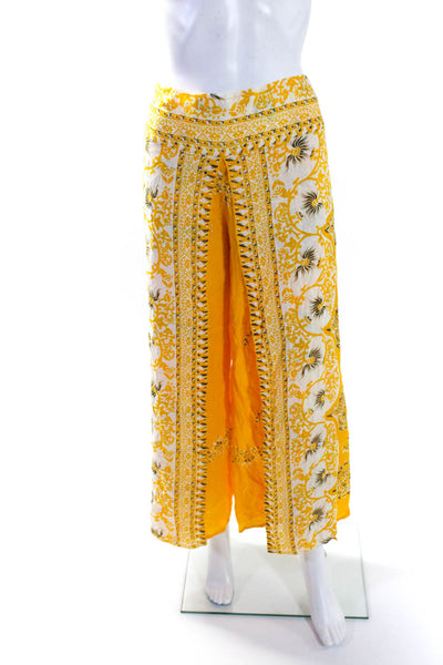 Camaroha Sutra Womens Floral Print Layered Split Wide Leg Trousers Yellow Size S