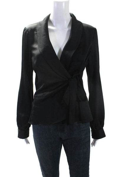 Nanette Lepore Womens Collared Ruffled Hem Long Sleeve Wrap Blouse Black Size 8