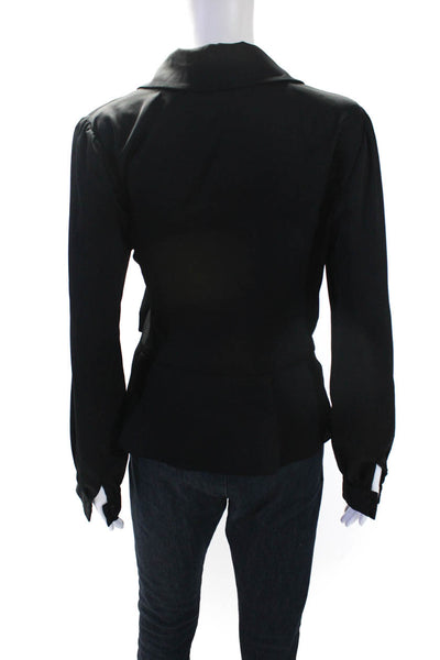 Nanette Lepore Womens Collared Ruffled Hem Long Sleeve Wrap Blouse Black Size 8