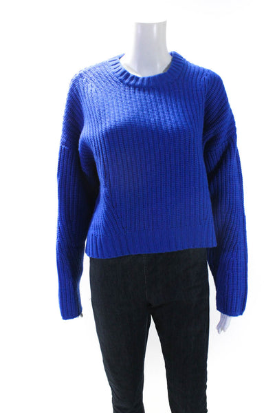 Naadam Womens Wool Ribbed Textured Round Neck Long Sleeve Sweater Blue Size M