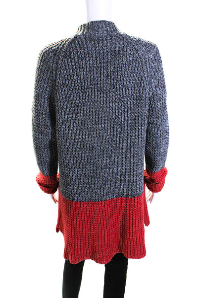 Line Womens Thick Woven Knit Cardigan Sweater Grey Red Cotton Size Large