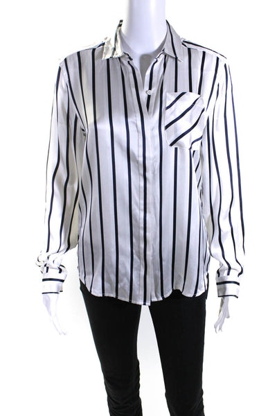 ATM Womens Silk Striped Button Down Blouse White Navy Blue Size Small