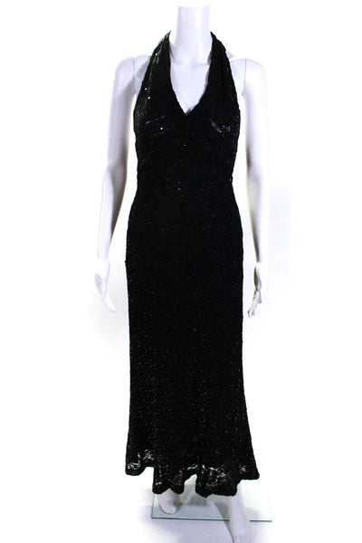 Tom And Linda Platt Womens Sequined Sleeveless Halter Neck Gown Black Size 8