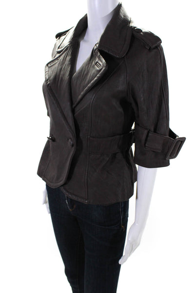 Cache Luxe Womens Brown Leather Cowl Neck Full Zip 3/4 Sleeve Jacket Size 4