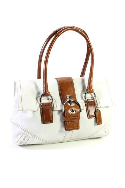 Coach Womens Leather Two Tone Buckle Top Handle Bag White Brown Size M