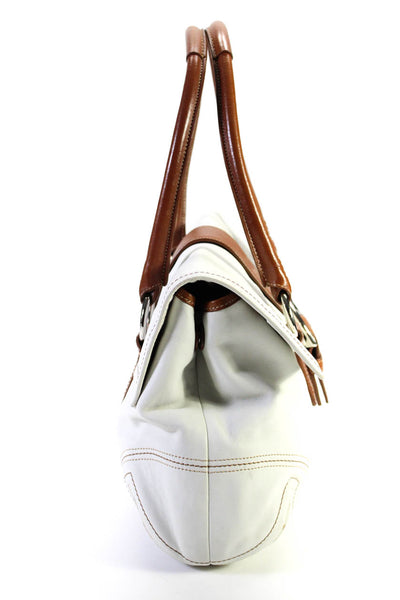 Coach Womens Leather Two Tone Buckle Top Handle Bag White Brown Size M