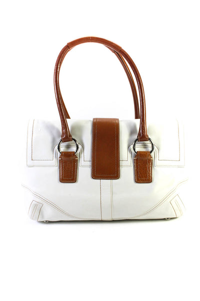 Coach Womens Leather Two Tone Buckle Top Handle Bag White Brown Size M