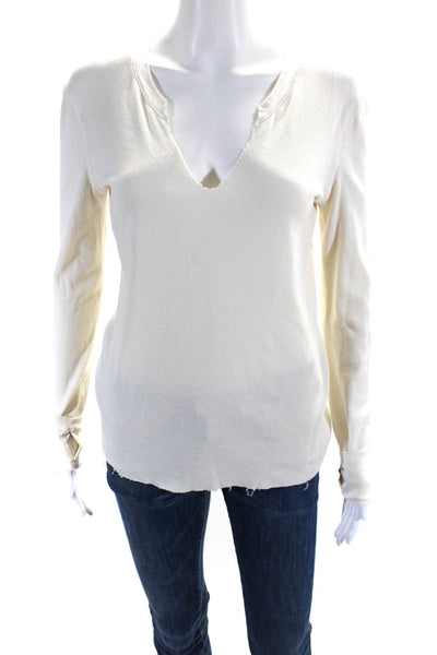 Helmut Lang Womens Cotton Knit Long Sleeve V-Neck Thermal Top Ivory White Size S