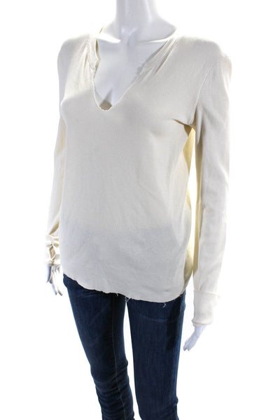 Helmut Lang Womens Cotton Knit Long Sleeve V-Neck Thermal Top Ivory White Size S