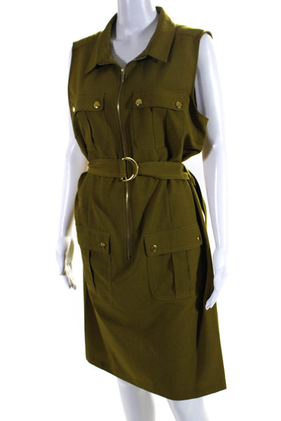 Sharagano Womens Sleeveless Full Zipper Belted Cargo Dress Green Size 16