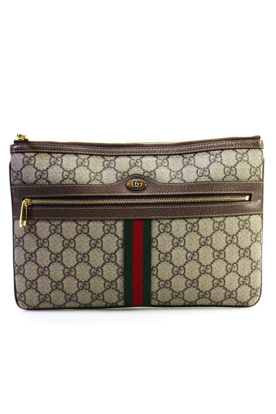 Gucci Womens Monogram Canvas Gold Tone Zipper Closure Clutch Handbag Brown