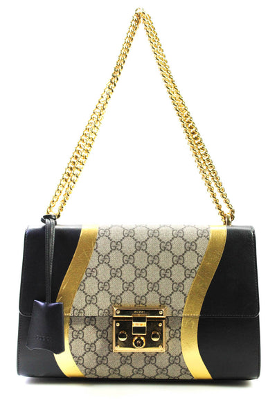 Gucci Womens Leather Monogram Canvas Padlock Shoulder Handbag Black Gold