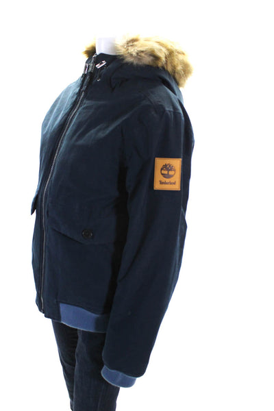 Timberland Womens Long Sleeve Full Zip Short Hooded Bomber Coat Navy Blue Size M
