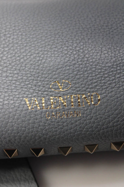 Valentino Womens Leather Studded Rockstud Flip Lock Messenger Handbag Blue