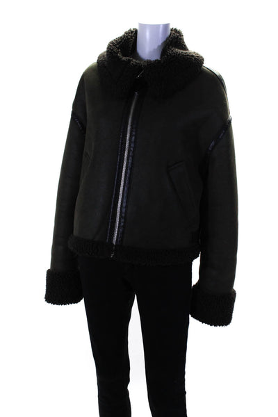Zara Womens Faux Shearling Faux Suede Coat Jacket Dark Green Size Medium