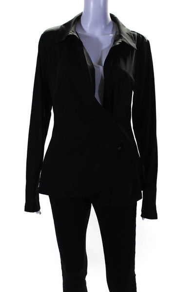 L'Academie Womens Collared V-Neck Buttoned Long Sleeve Blouse Black Size M