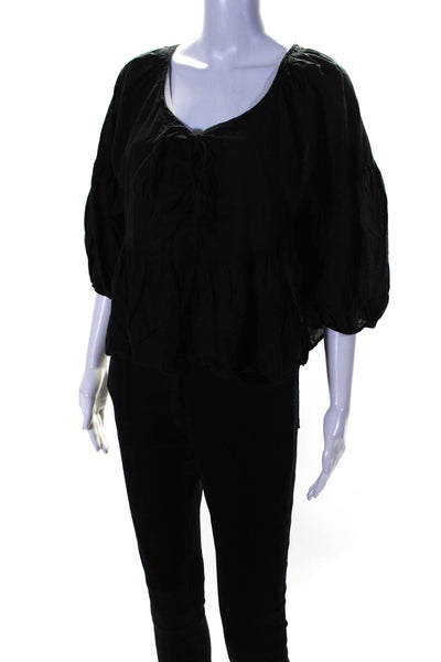 Apiece Apart Womens Cotton V-Neck Lace-Up Ruffled Cropped Blouse Black Size 4