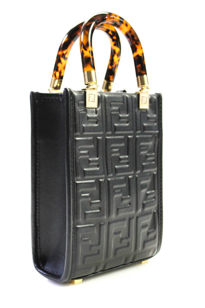 Fendi 2023 Womens FF Quilted Zucca Mini Sunshine Shopper Tote Handbag Black